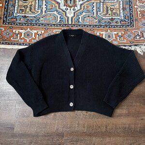 Quince Black EUC 100% Organic Cotton Fisherman Boxy Cropped Cardigan